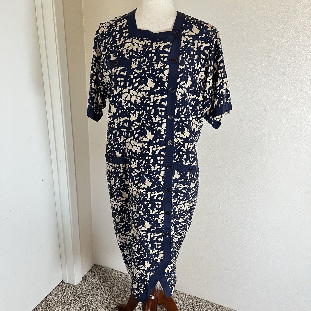 VTG 80s Argenti Dress 100% Silk Sz 10 Button Front Old Money Shldr Pads